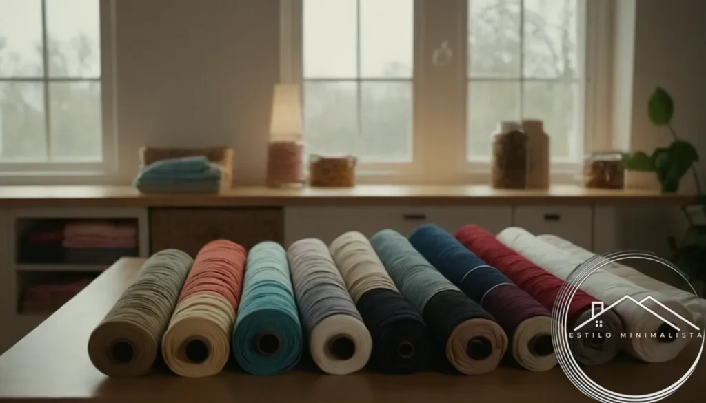 A minimalist sewing space with neatly organized fabric storage.