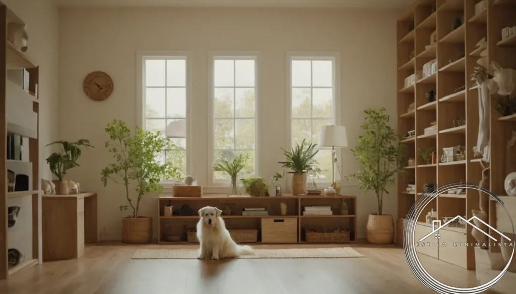 A serene home with pets surrounded by minimalist storage solutions.