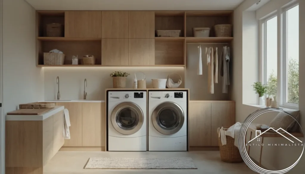 A minimalist laundry room with clever storage solutions and decor.