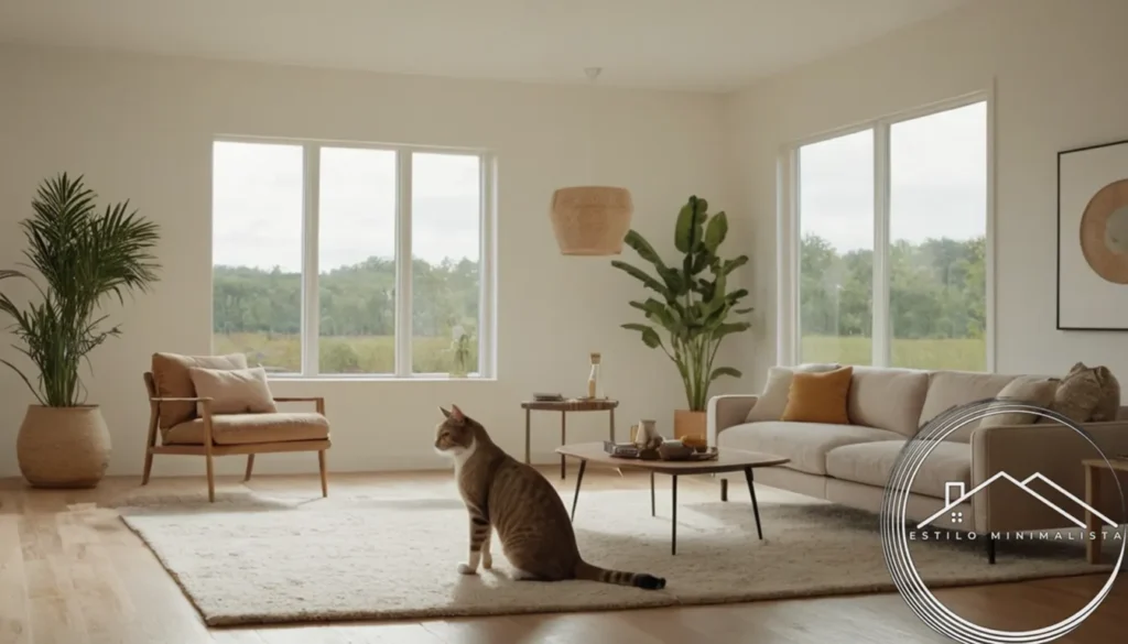 A minimalist living room with calm pet owners and serene felines.