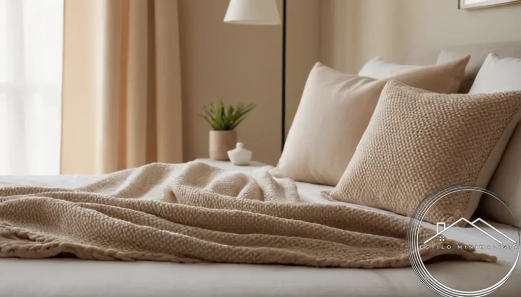 2 minimalist pillows and beige throw blanket on a bed.
