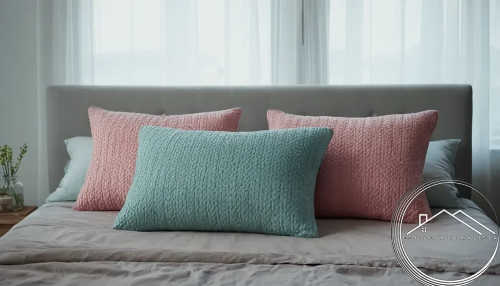 4-6 minimalist pillows in stylish colors on a designer bed.