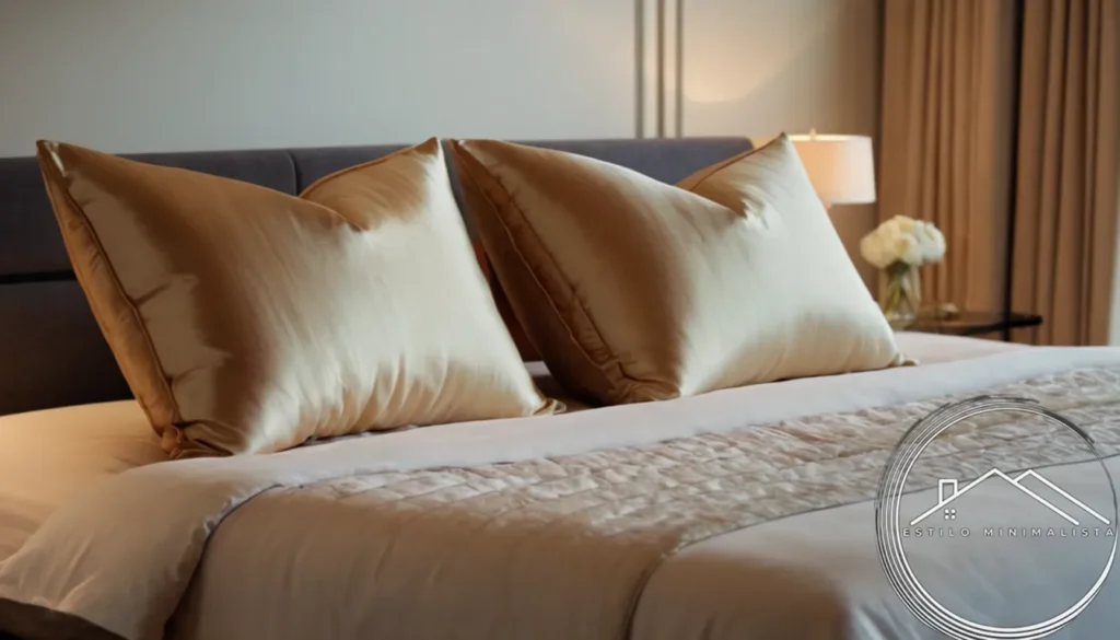 A minimalist photo of luxurious silk pillows on a bed.