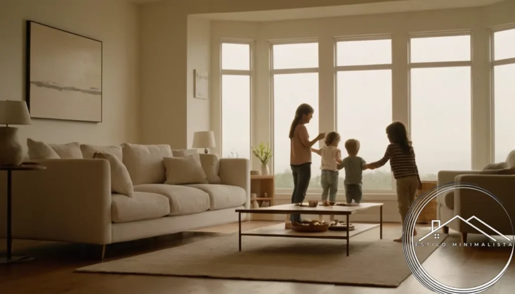 A serene living room with minimal decor and children playing.