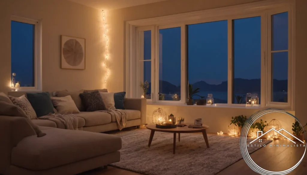 3 minimalist home decor items lit with string lights at dusk.