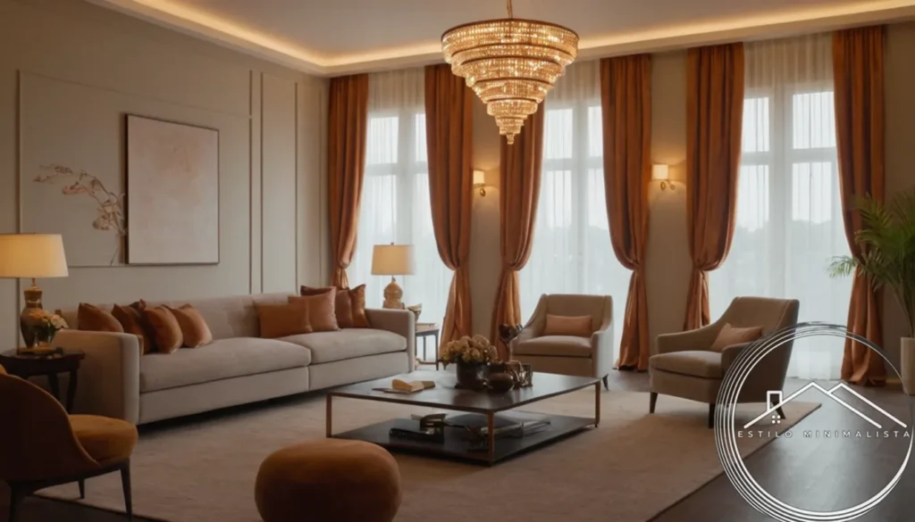 Elegant living room with subtle copper lighting accents.
