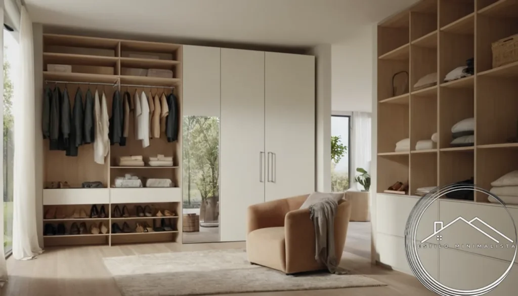 A tranquil closet organized with minimalist storage and decor.