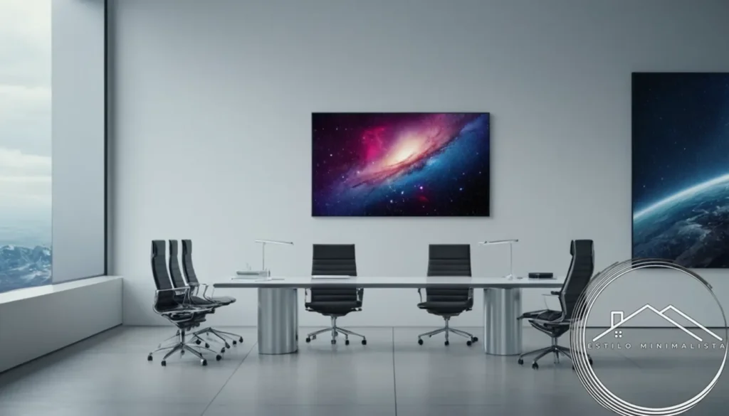 3 minimalist art pieces in a futuristic office space.