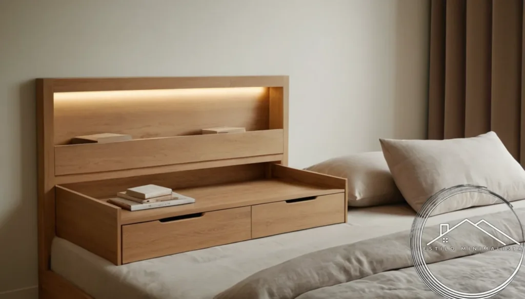 A minimalist bedhead with hidden storage drawers.