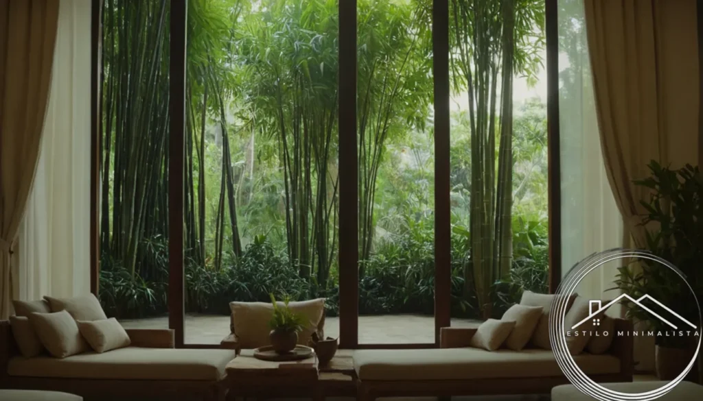 A calm clutter-free room with banyan trees or bamboo plants.