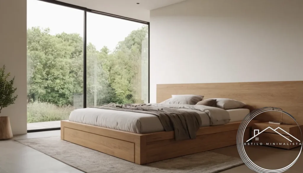 A calm bedroom with minimalist bed and storage furniture.
