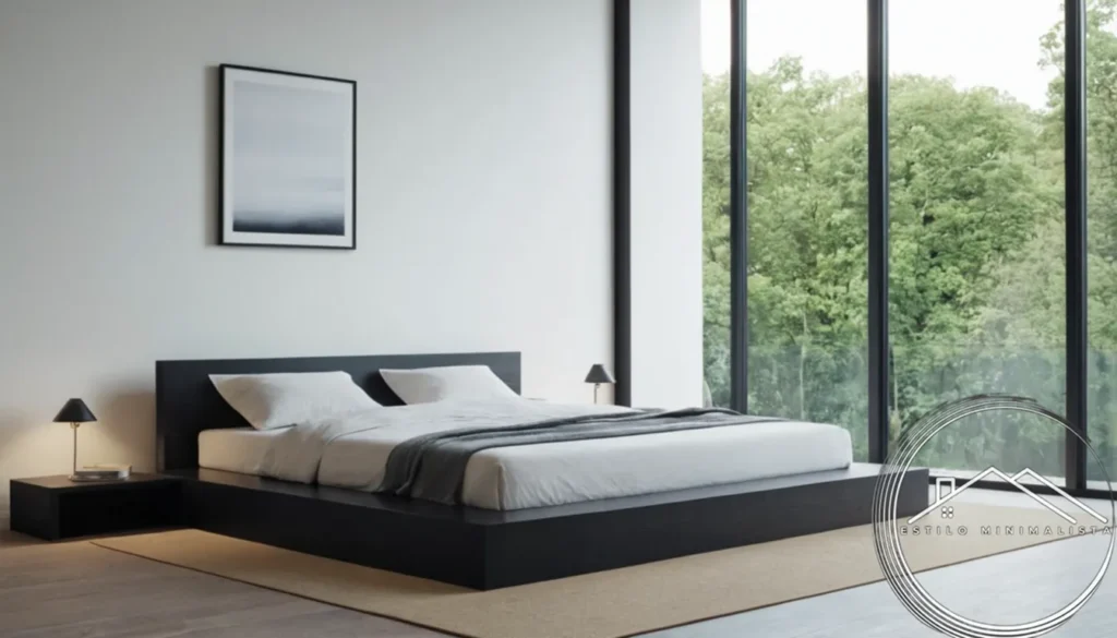 A minimalist black wooden bed in a serene room.