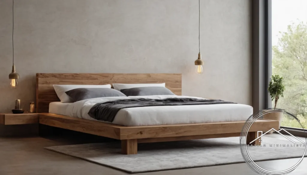 A minimalist wooden bed frame in natural stone finish.