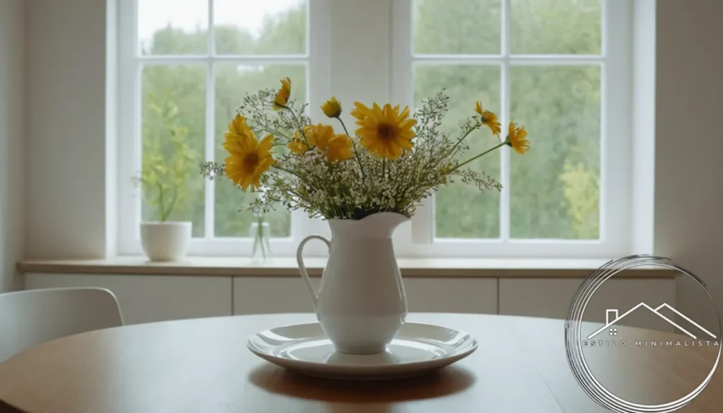 A minimalist kitchen table setting with simple flower arrangement nearby.