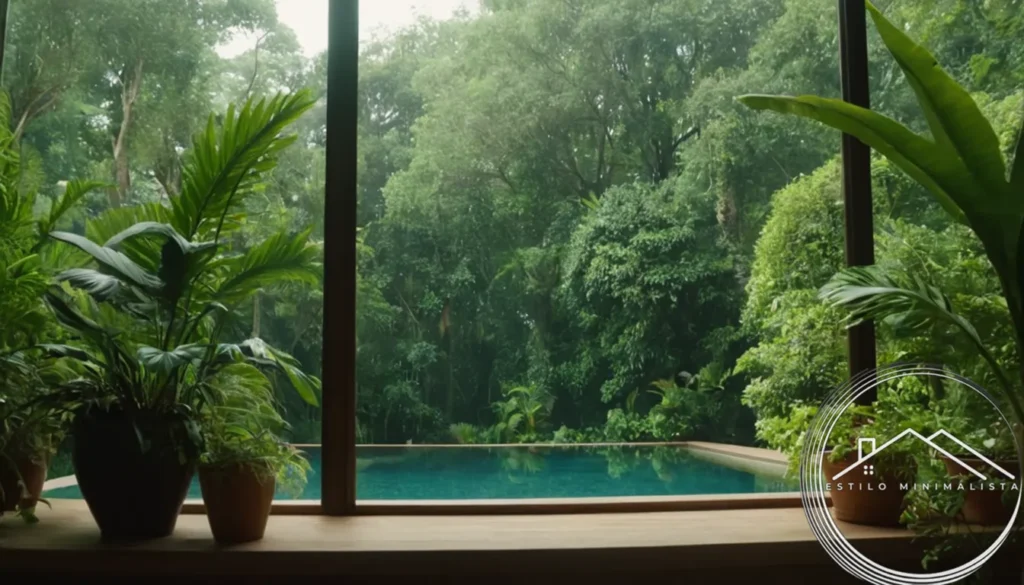 A minimalist refuged set amidst lush greenery or crystal glass.