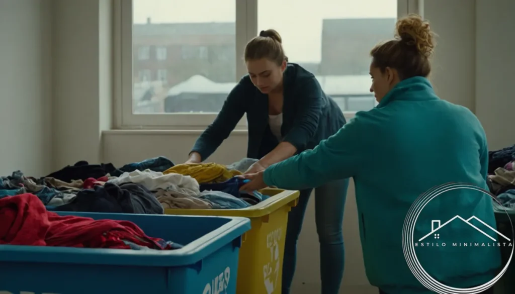A person sorting through used clothing at a recycling bin.