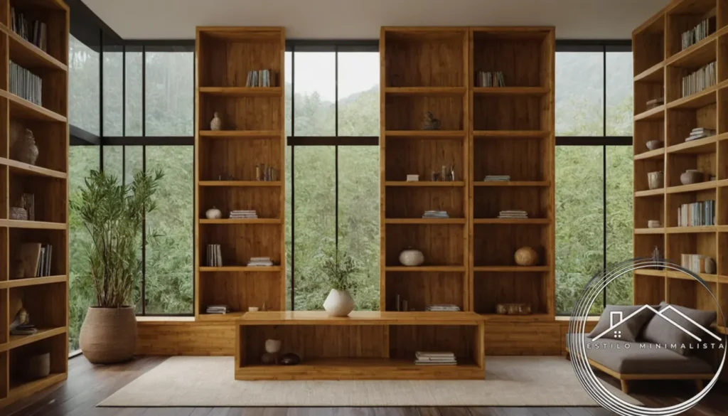 A set of bamboo bookshelves with minimalist decor.
