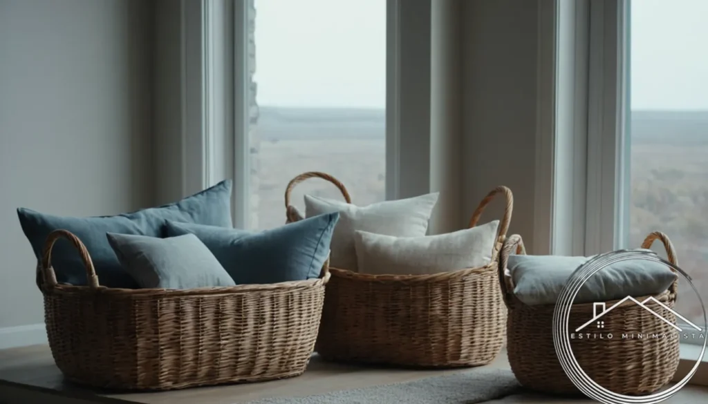 4-5 minimalist baskets containing pillows and throws.