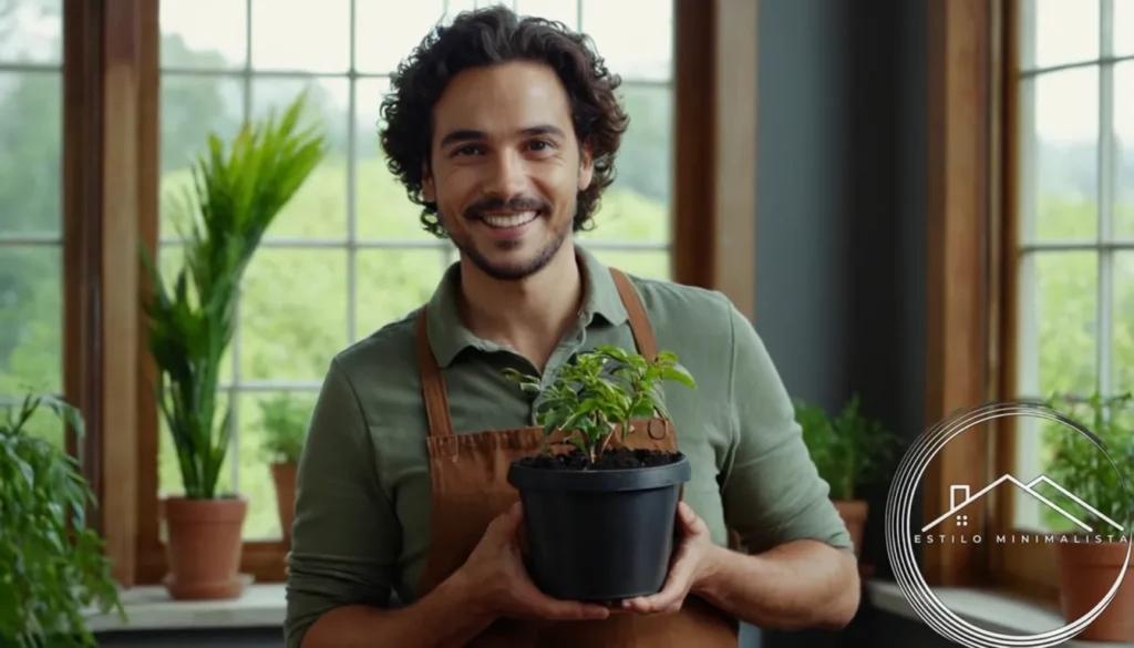 A happy gardener holding a potted plant