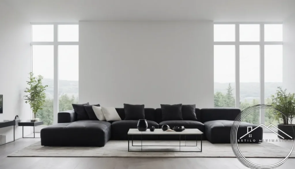 A minimalist living room with white and black interior design elements.