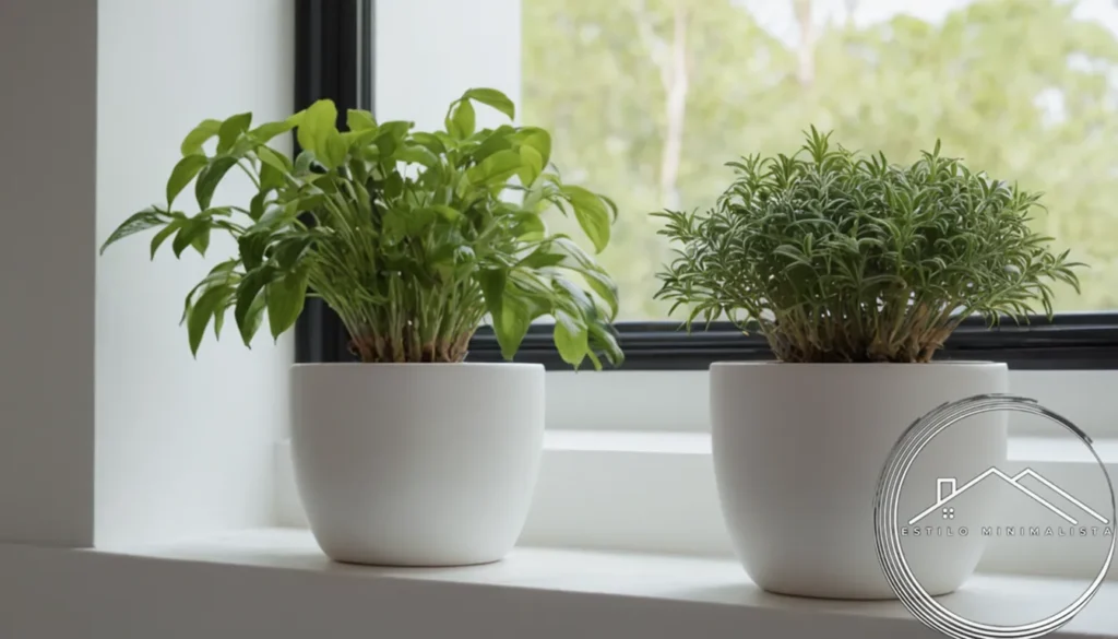 3-4 small potted plants in white or minimalist macerated surroundings.