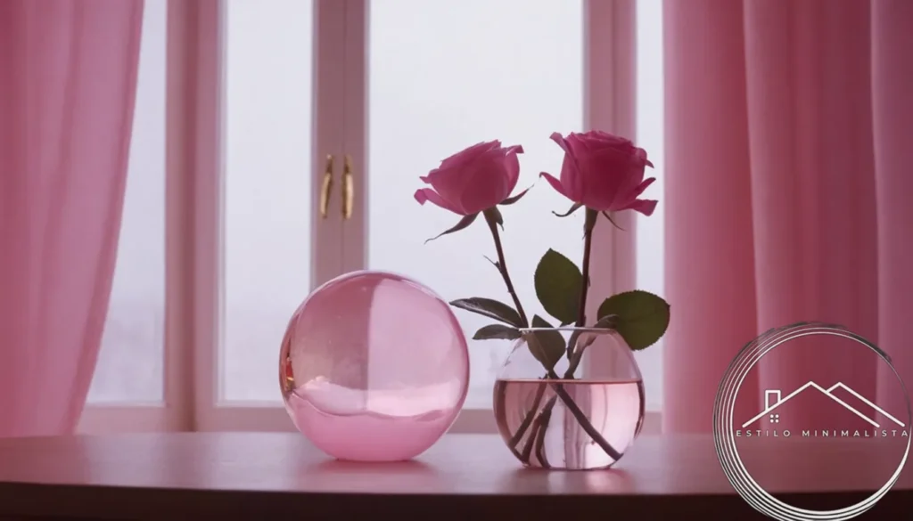 Rose quartz decor amidst minimalist romantic background.