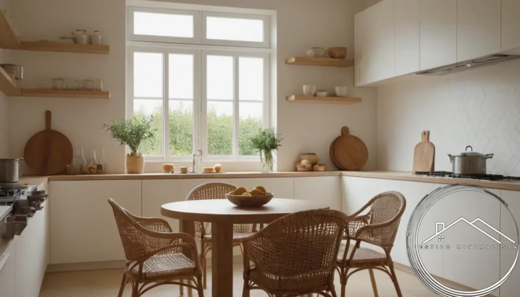 A minimalist kitchen space with wicker furniture and calming scents.