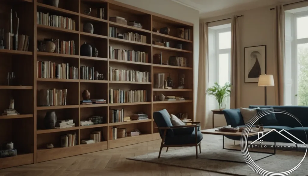A stylish apartment with shelves and bookcases.