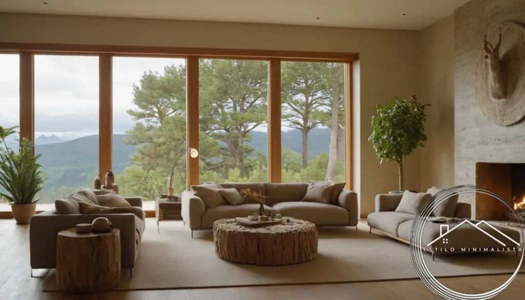 A serene living room with natural textures and calming decor.