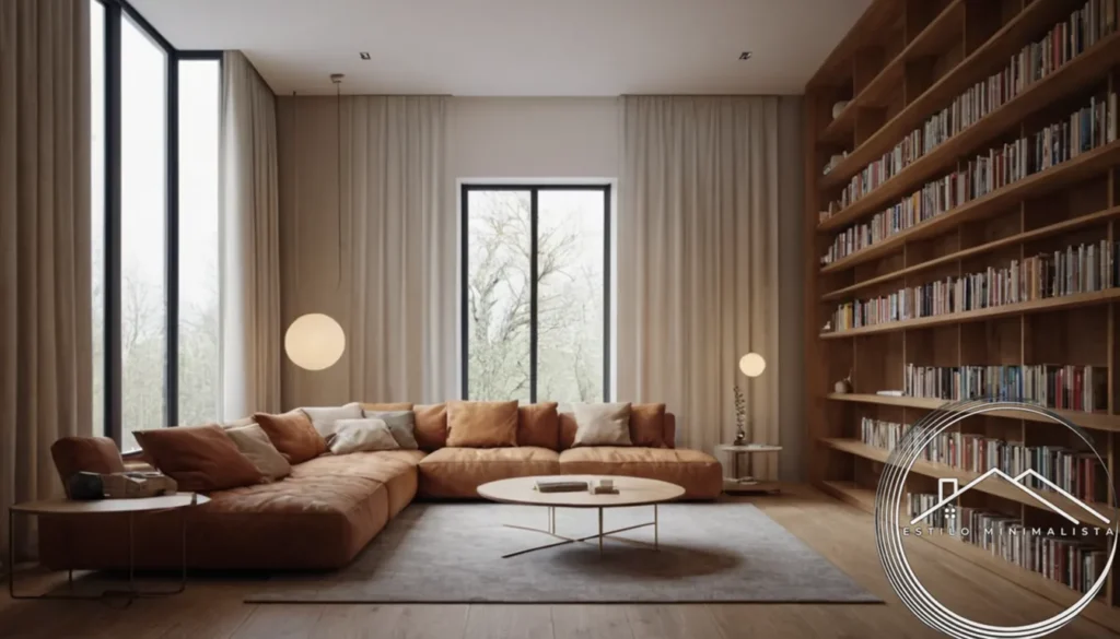 A minimalist home interior with vertical bookshelves.