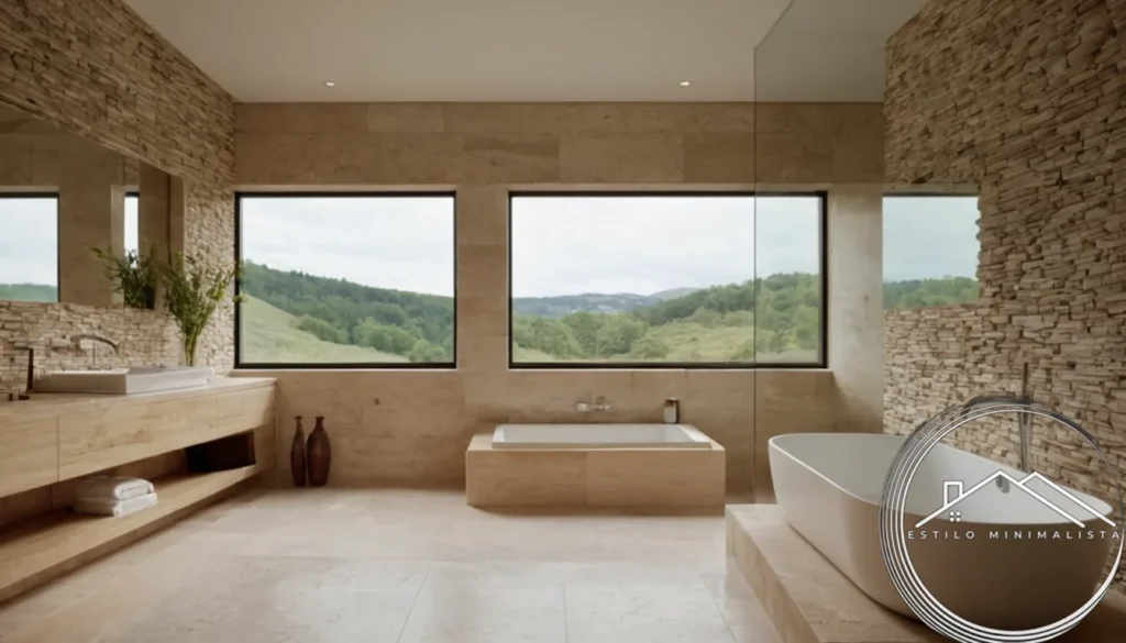 A minimalist bathroom with natural stone accents on walls.