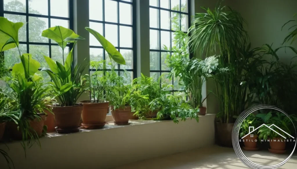 A serene room filled with lush plants and natural light.