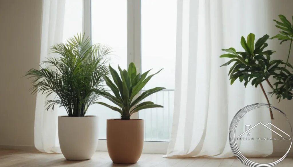 A serene room with minimalist decor and plants
