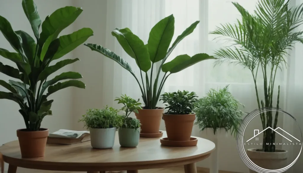 A serene minimalist living room with potted plants.