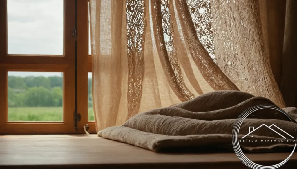 Worn wooden decorative elements and natural fabric textures together.