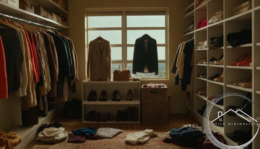 A cluttered closet with clothes and accessories being neatly sorted.