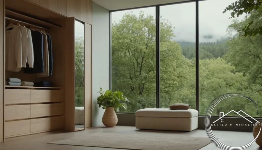A serene clutter-free closet surrounded by calming nature elements.