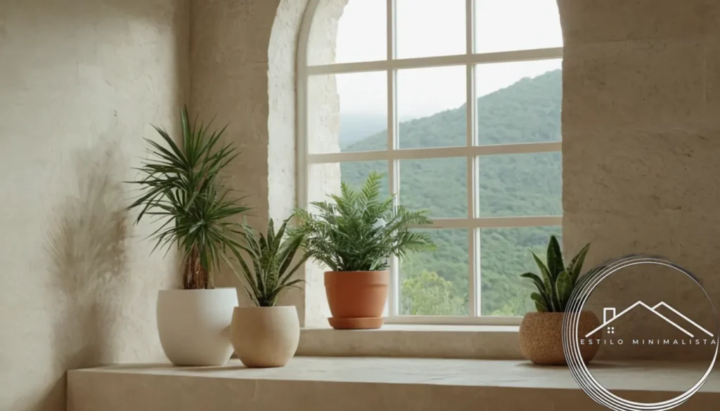 A minimalist room with plants and natural stone decor.
