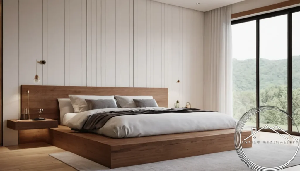 A minimalist bedroom design featuring wooden white paneling.