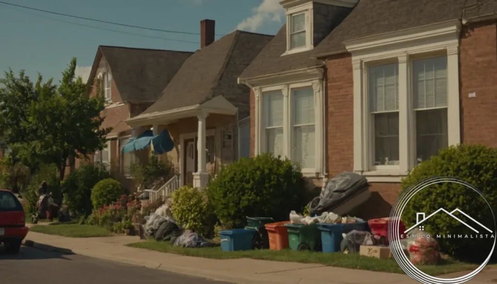 A neighborhood scene with donated items being collected.