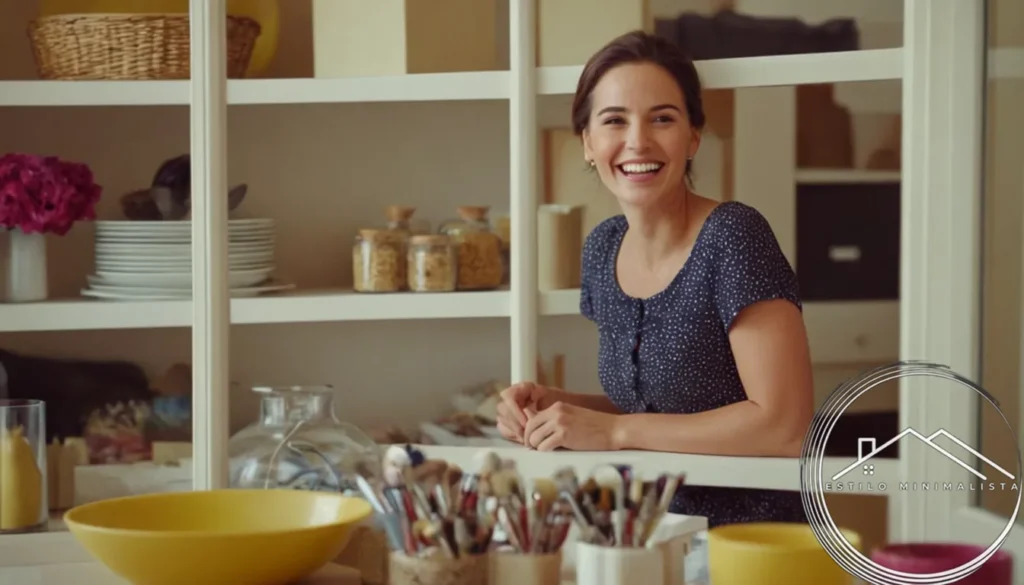 Joyful woman surrounded by organized