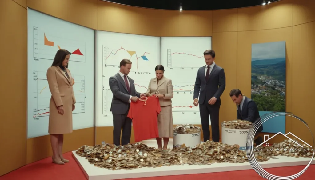 3-D people donating clothes surrounded by graphs and coins.
