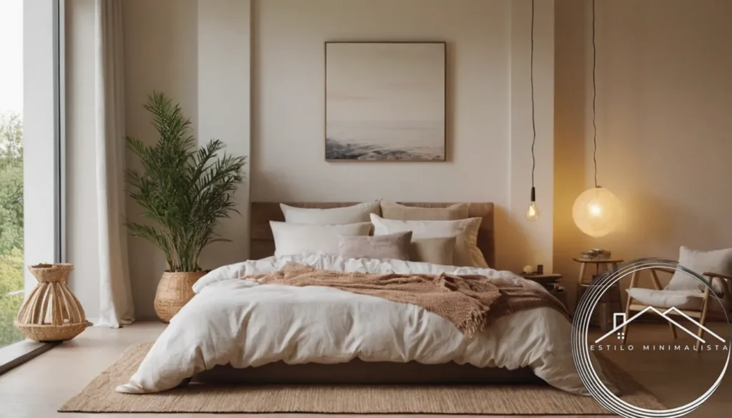 A minimalist bedroom with organic textiles and calming ambiance.