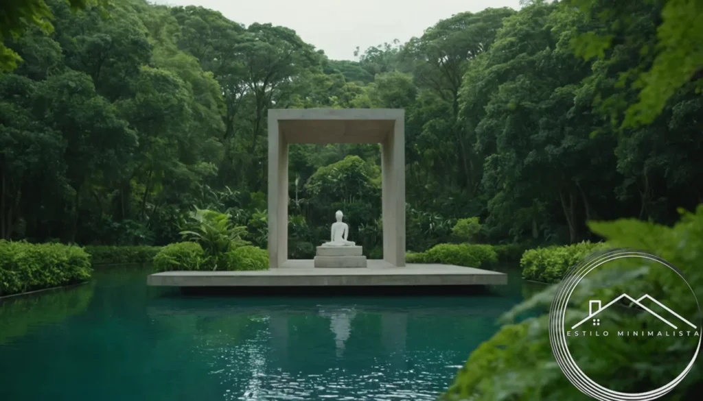 Minimalist sculptures surrounded by lush greenery and calm water.