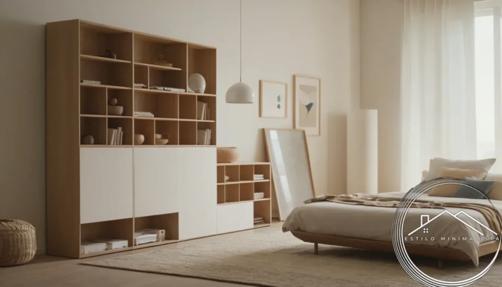 A serene minimalist room with tidy KonMari storage systems.