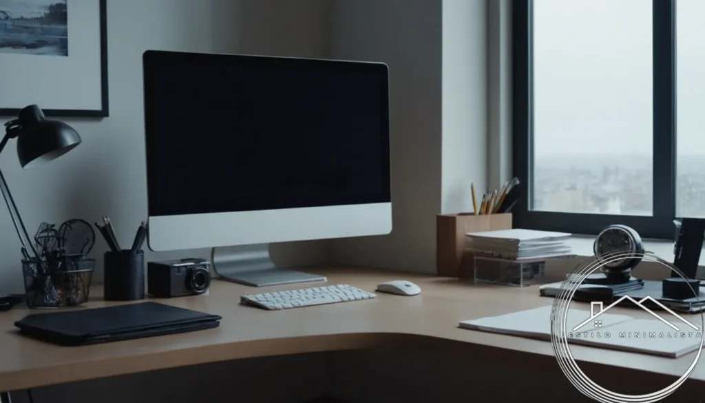 a cluttered desk with a clean minimalist corner nearby.