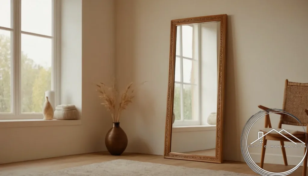 A minimalist-style mirror placed simply inside a cozy home setting.