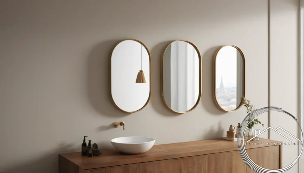 3-4 minimalist mirrors arranged elegantly on a wall space.