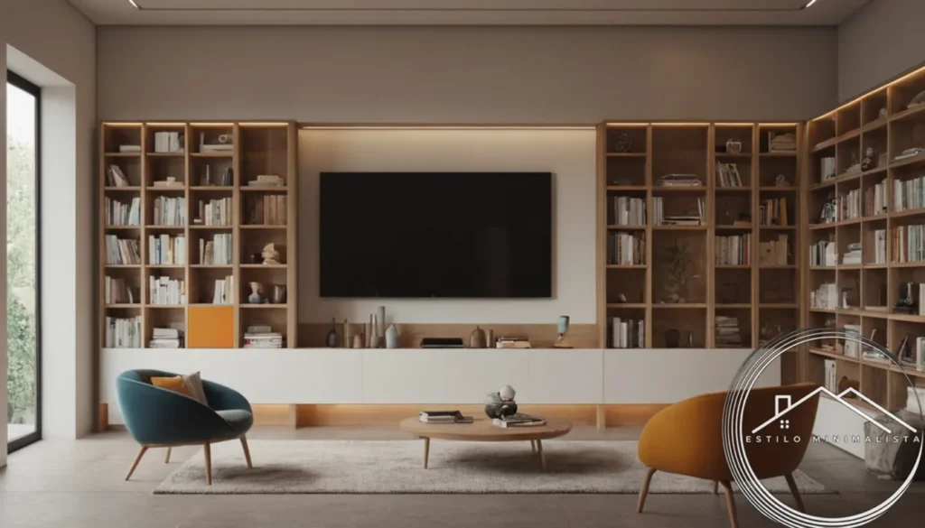 A minimalist workshop with sleek storage bookshelves.