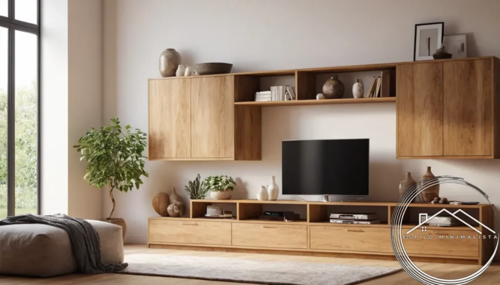 3 minimalist wooden storage shelves and decorations in a modern living room.